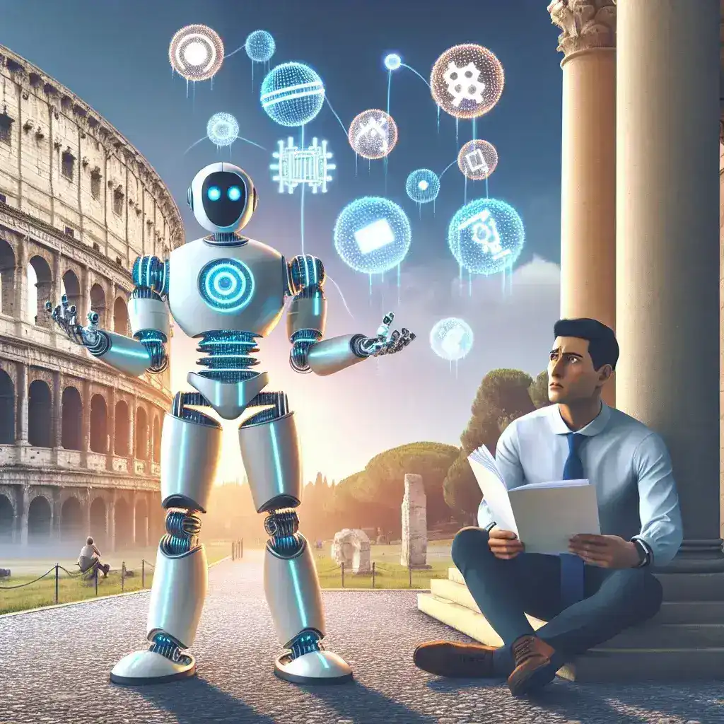 "شخص يعمل على جهاز كمبيوتر محمول يظهر نقص المهارات الرقمية في إيطاليا؛ يمثل تحديات تبني الذكاء الاصطناعي واستراتيجيات الحلول."