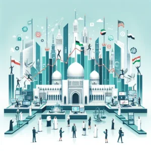 "صورة توضح التحول الرقمي في القطاع العام العربي مع أمثلة ناجحة وتحديات، تتضمن رسومات بيانية وأيقونات تكنولوجية تمثل الابتكارات الرقمية في الحكومات العربية."