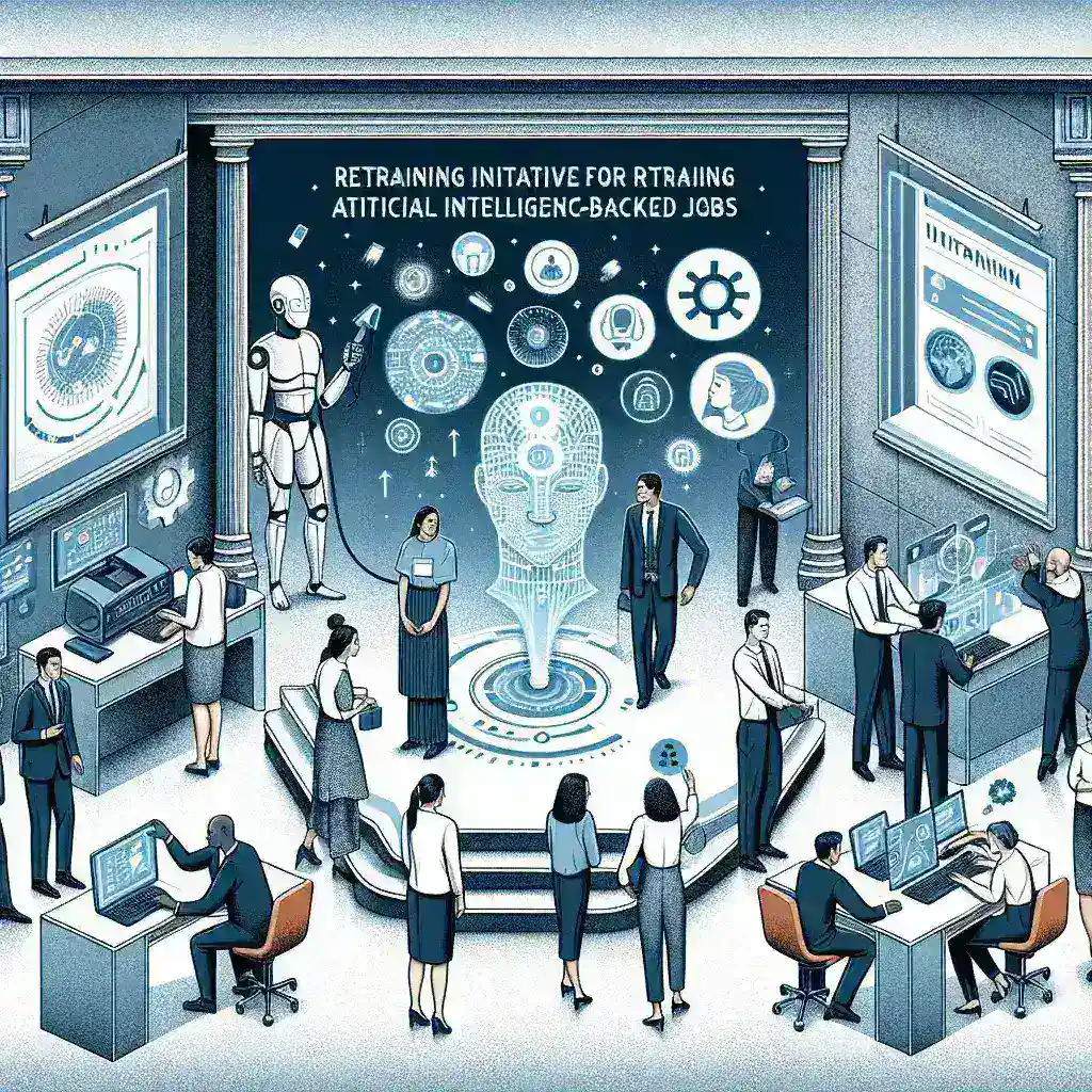 "موظفون يتعلمون مهارات جديدة لتأهيلهم لوظائف مدعومة بالذكاء الاصطناعي في مبادرة تدريبية، تبرز أهمية التعليم المستمر في عصر الذكاء الاصطناعي."