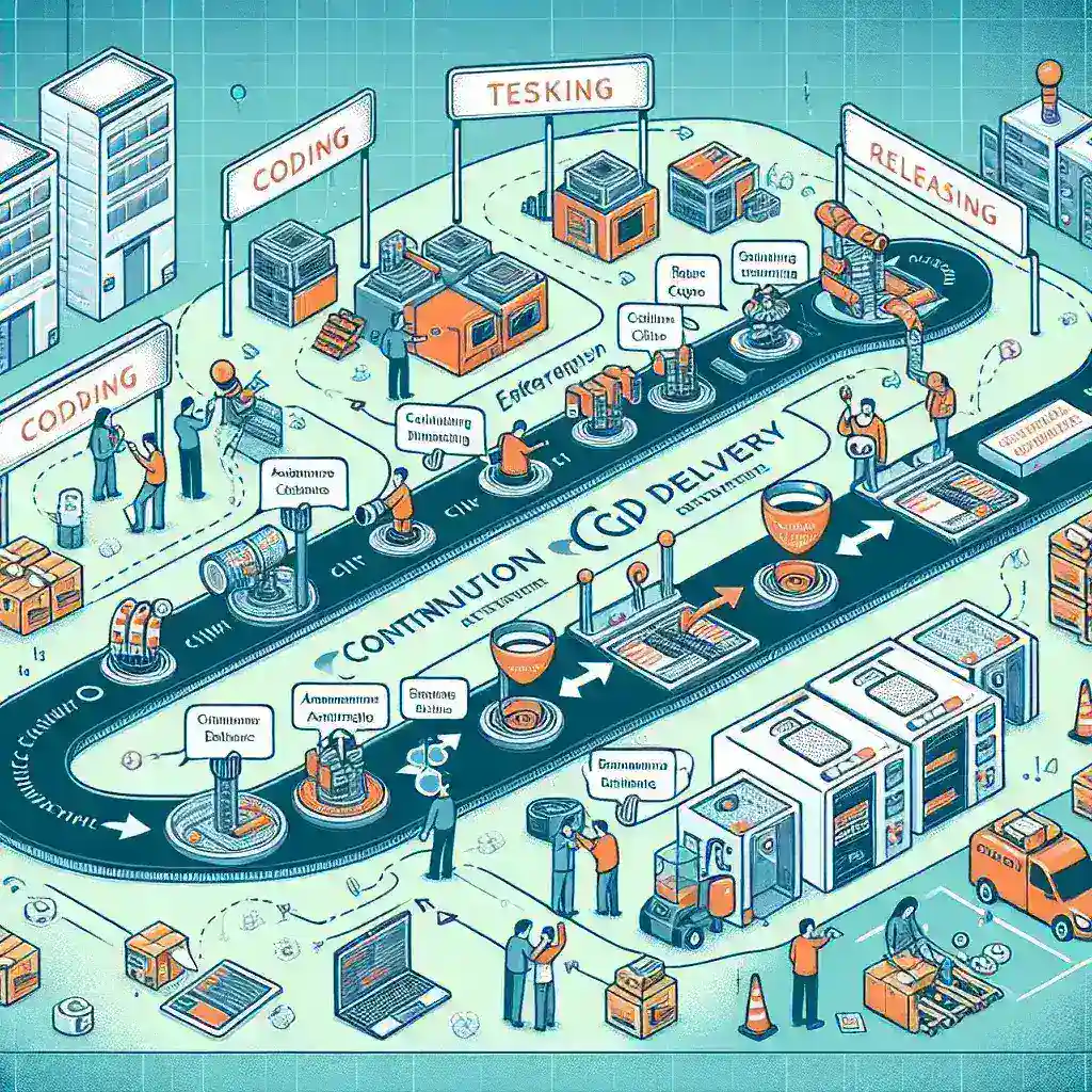 Alt text: "صورة توضح منصات تحسين خطوط CI/CD في المؤسسات مع مخطط بياني يبرز سمات التطوير المستمر والنشر الآلي في بيئة العمل."