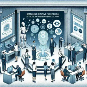 "موظفون يتعلمون مهارات جديدة لتأهيلهم لوظائف مدعومة بالذكاء الاصطناعي في مبادرة تدريبية، تبرز أهمية التعليم المستمر في عصر الذكاء الاصطناعي."
