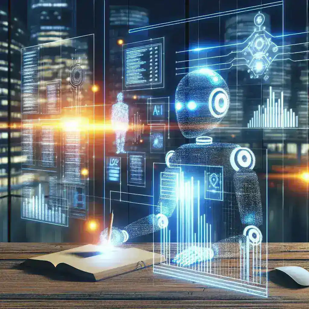 Alt text: "تحليل السجلات باستخدام تقنيات الذكاء الاصطناعي في المؤسسات الحديثة، يظهر شاشات بيانات وتحليل متقدمة مع رسوم بيانية توضيحية."